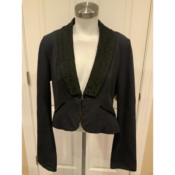 Free People Black Jacket W/ Floral Lace Lapel, Size Large - Picture 1 of 9